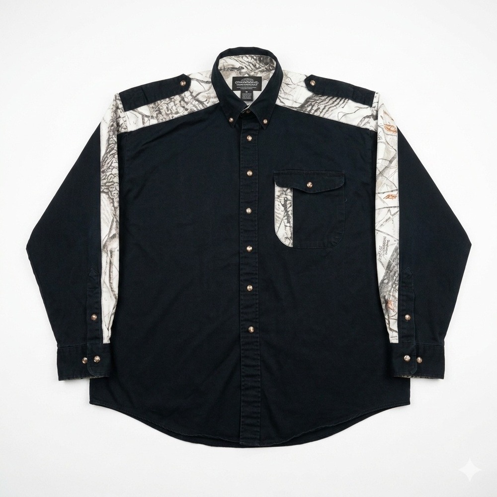 Legendary Whitetails Mens XL Black Camo Western Button Down Shirt Realtree USA